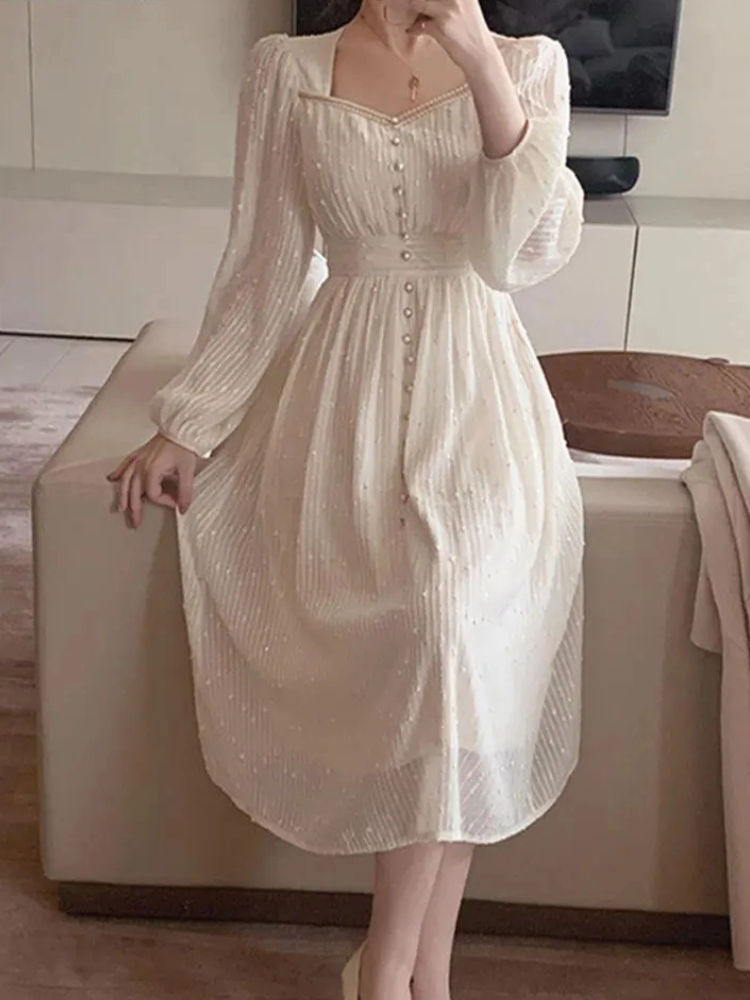 Autumn New Women Fashion Elegant White Midi Dresses Vintage Princess Female Part