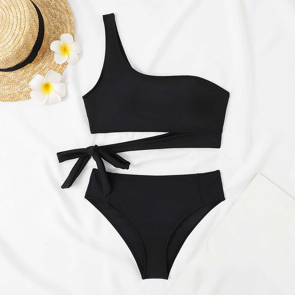 One Shoulder Swimming Suit For Women Black Two-Piece Swimwear Solid Color Bikini