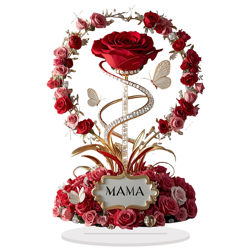 2D Acrylic Ornament Red Rose MOM Pattern Roses Mother Flat Elegant Desk Decora F