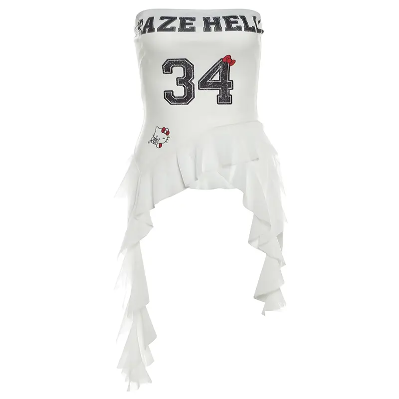 Kliou Sweet Cool Cute Stylish Letters Print Tube Top Vest Female Ruffles Ribbon