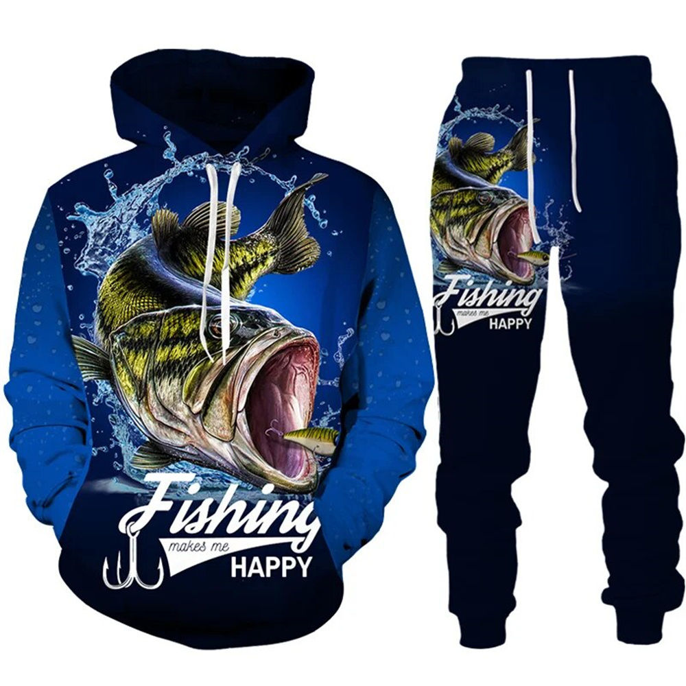 Novelty 3D Fish Printed Men Women Hoodie And Pants 2pcs Sets Camo Fishing Huntin