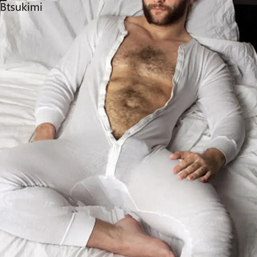 New Pajamas Jumpsuits Men Home Wear Solid Long-sleeved Comfortable Rompers