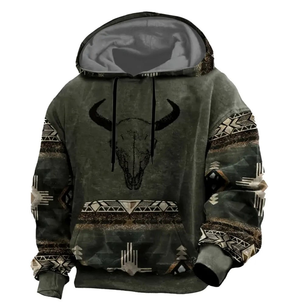 Men's Vintage Ethnic Style Geometric 3D Print Hoodie Cowboy Hat Hooded Long Slee