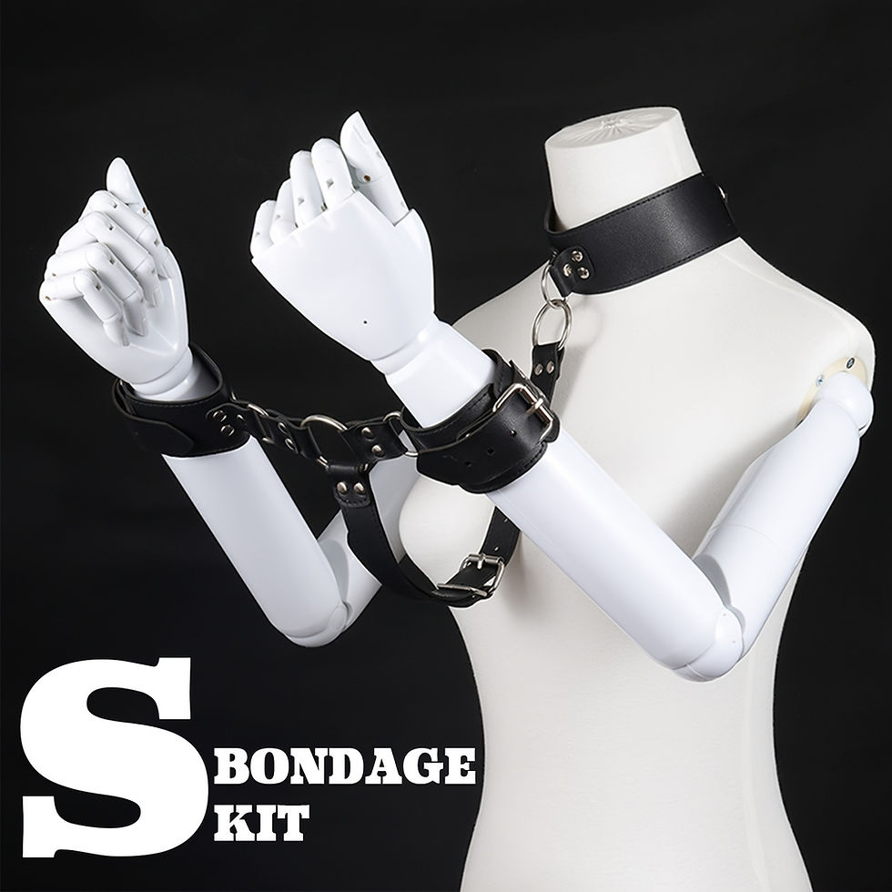 BDSM Bondage Restraints Set Neck to Wrist - Behind Back Handcuffs Collar with Bl