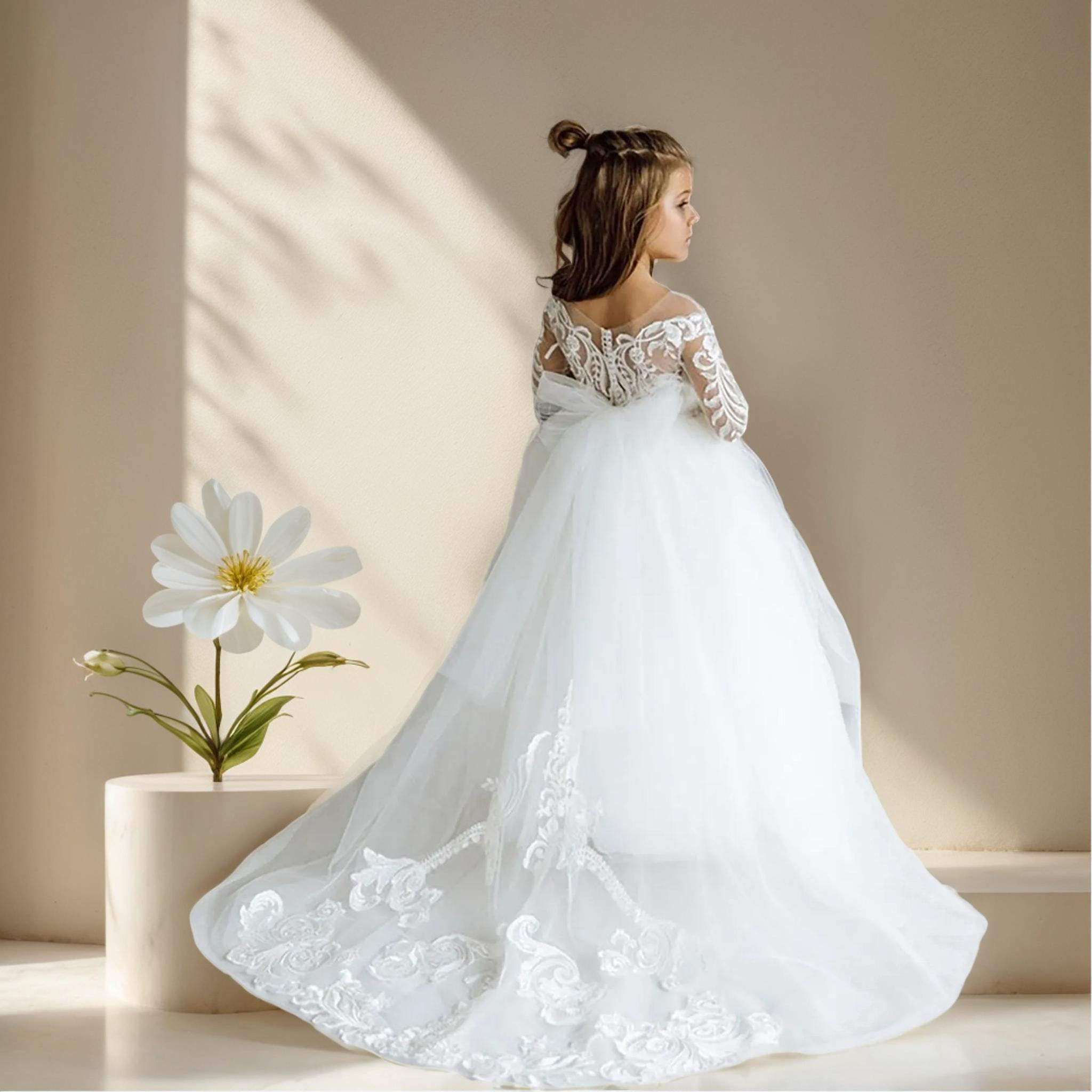 3-9 Years Long Flower Girl Dresses Lace Appliques Tulle Long Sleeve O-Neck Princ