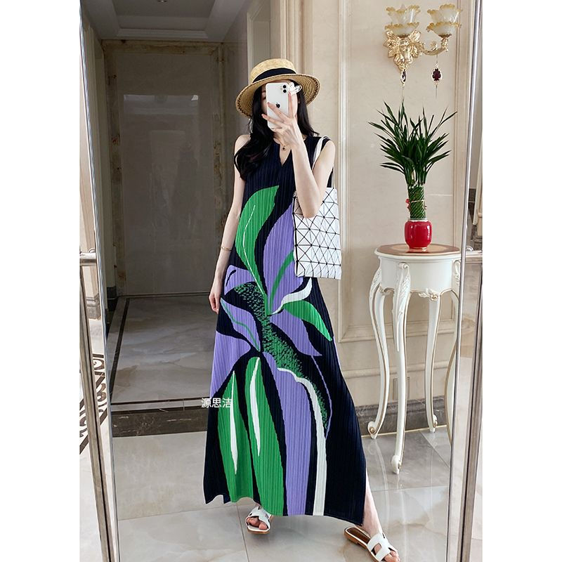 Pleated Geometric Diamond Summer Women French Casual Printing Holiday Style V-ne