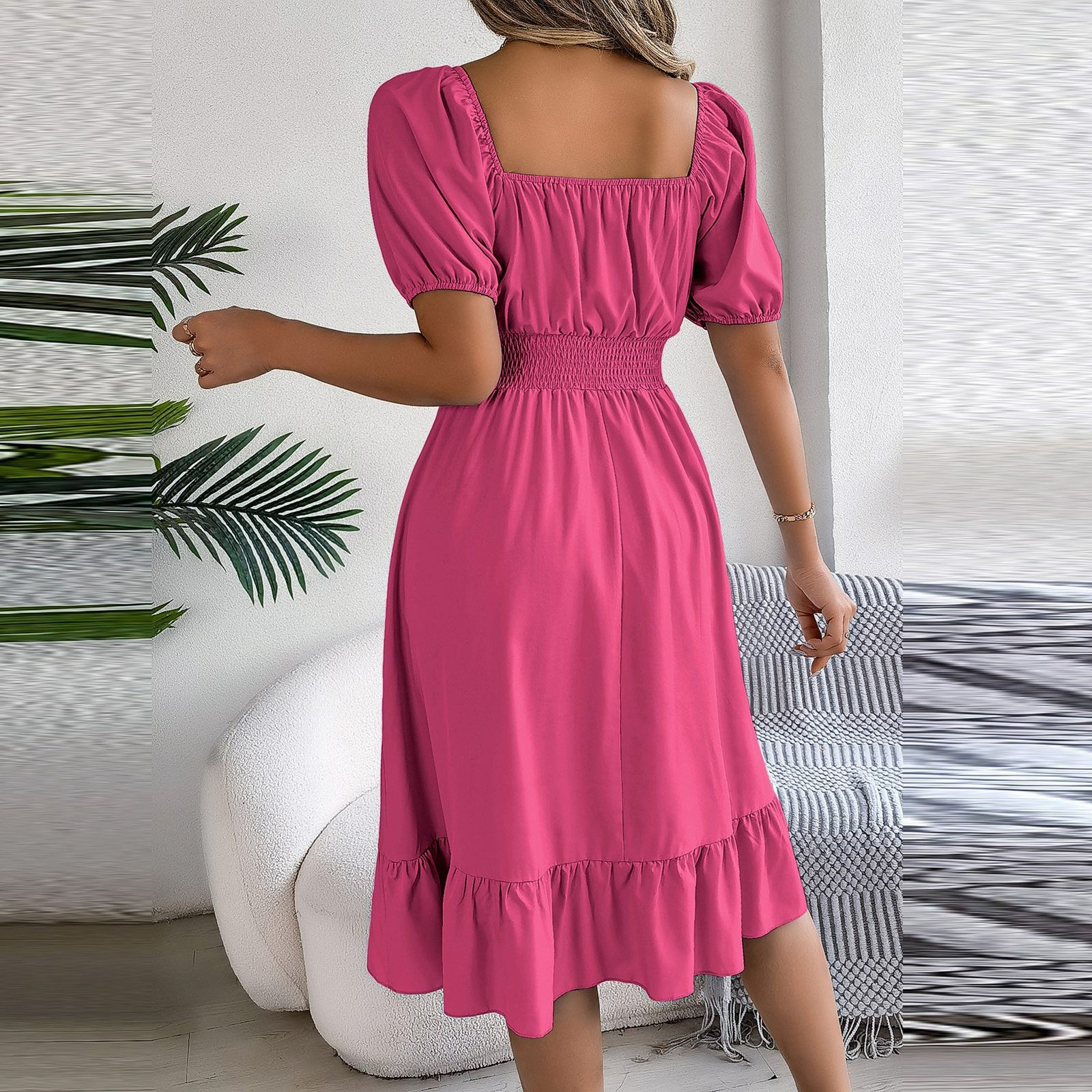 Elegant Women Spring Summer Dress Square Neck Puff Sleeve A Line Vestidos Square