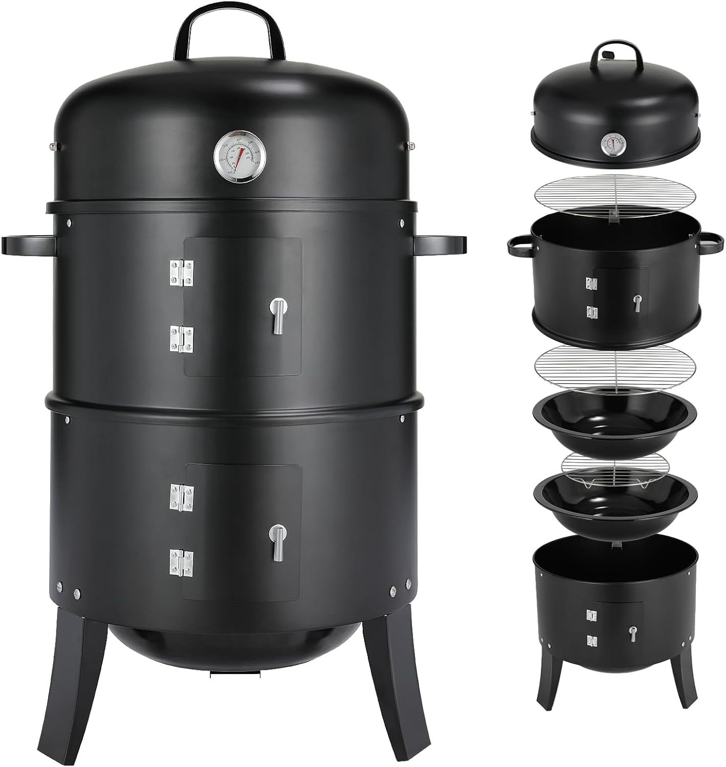 3in1 Vertical Ø45cm Charcoal BBQ Smoker, Heavy Duty Round Smoking Grill Barbecu