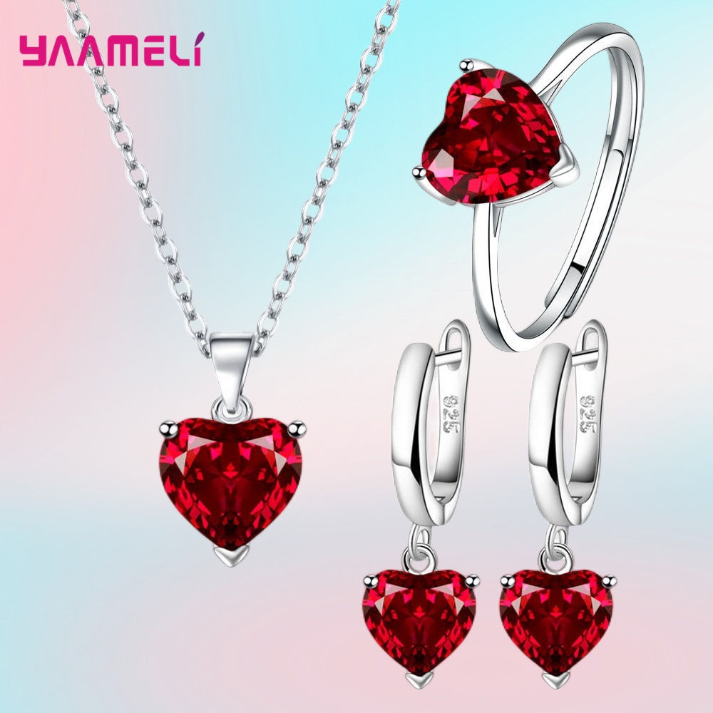 Fine 925 Sterling Silver Color Jewelry Gift Sets for Women Female Romantic Heart