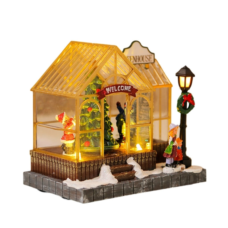 Christmas Musical Greenhouse Ornament with LED Lighting and Rotating Tree Figuri