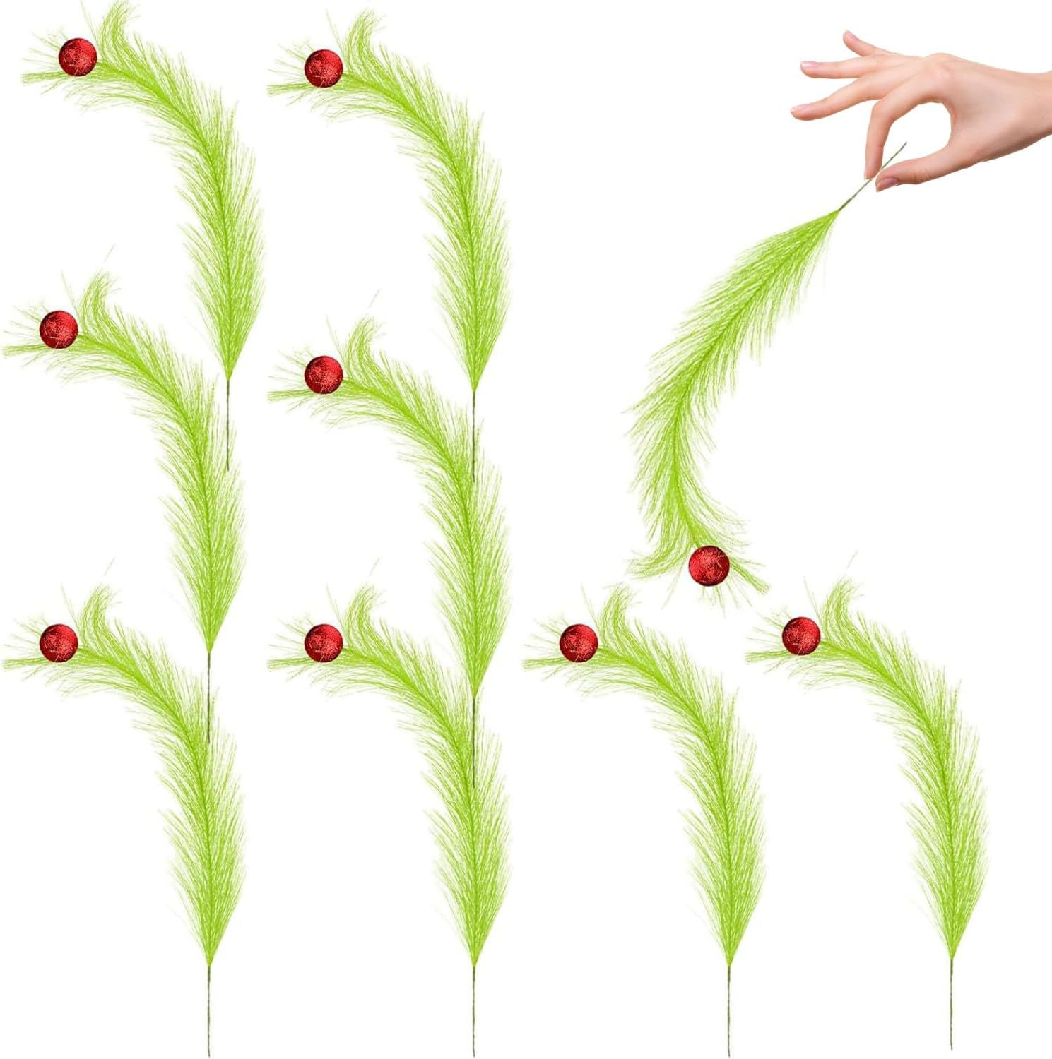 8pcs Christmas Tree Picks Green Feather Decorative Stem with Red Ball Ornament H