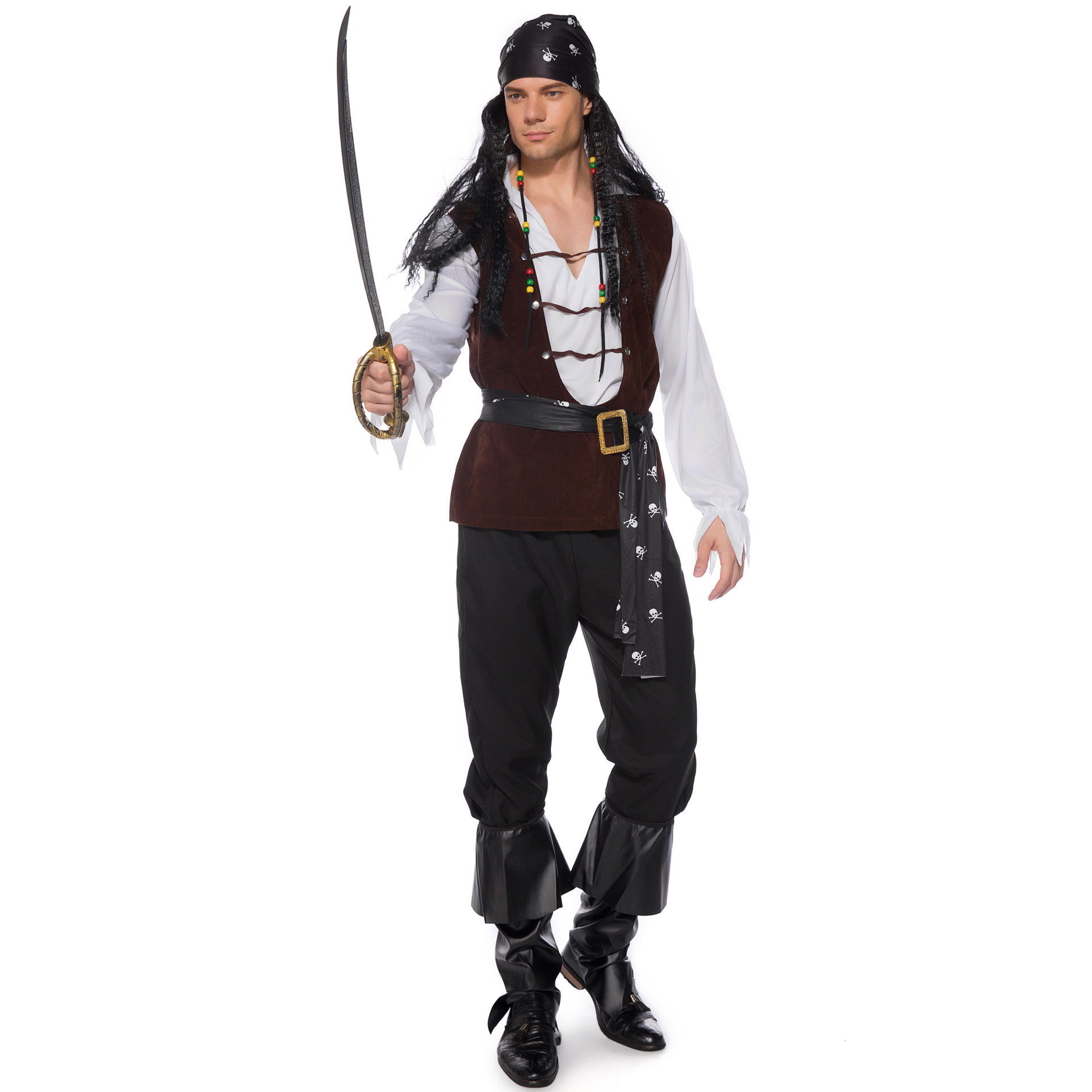 M-XL New Male Pirate Outfit Adult Suit Cosplay Clothes Halloween Pirates Caribbe