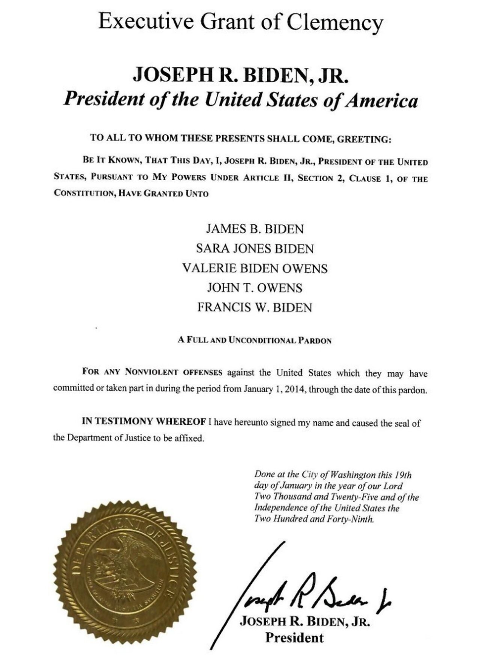President Biden has at the last minute as president as predicted pardoned all of his family members who have worked with the "Big Guy".