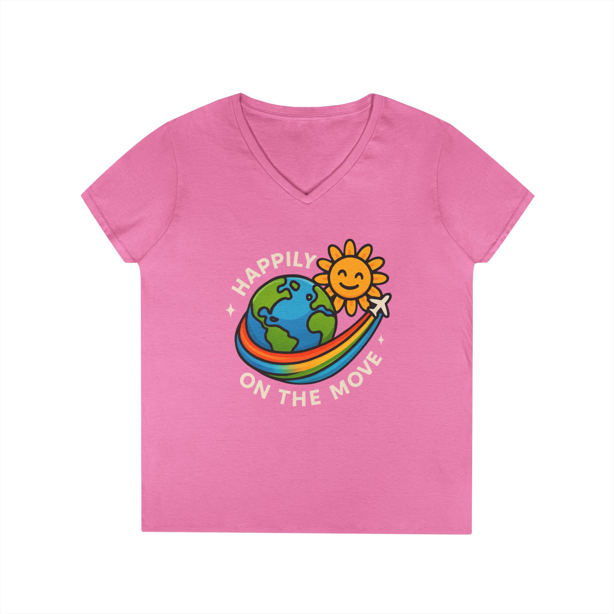 Happily On The Move Ladies V-Neck Tee With Printed Back