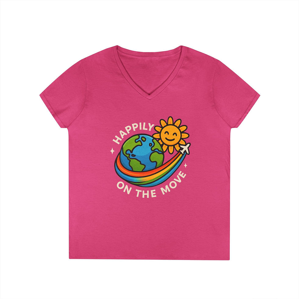 Thumbnail: Happily On The Move Ladies V-Neck Tee With Printed Back