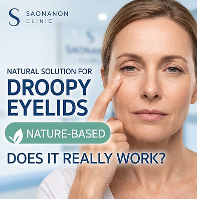 How to fix droopy eyelids without surgery: woman touching her drooping upper eyelid – Saonanon Clinic