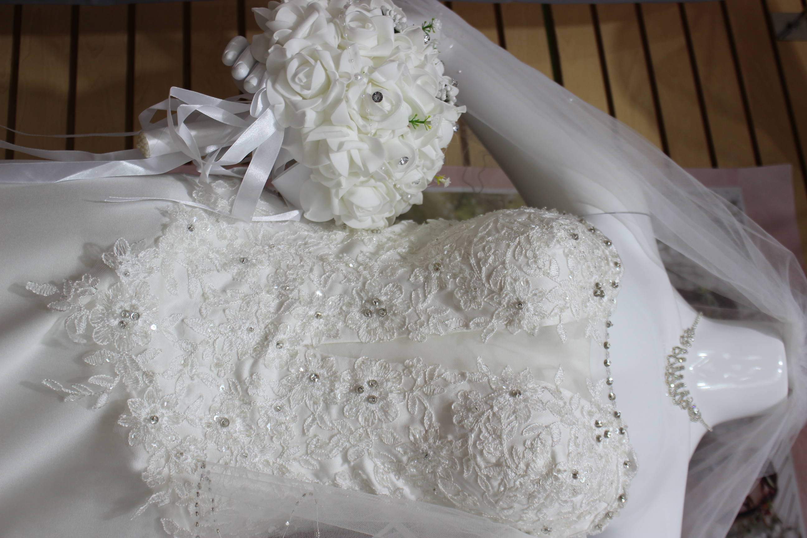 Lace Wedding Gown and bouquet