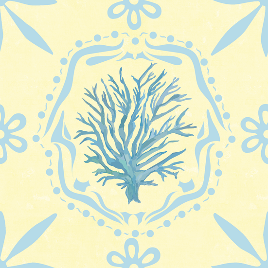 LowcountryLinens_SeaFan_stretched_LowFidelity_original_blues_withmedallion_repeat_medallionB5DBE8_bgmottledlinenFFF8C3