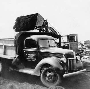 A vintage bulldozer filling up an H. Wigboldy & Sons dumptruck.