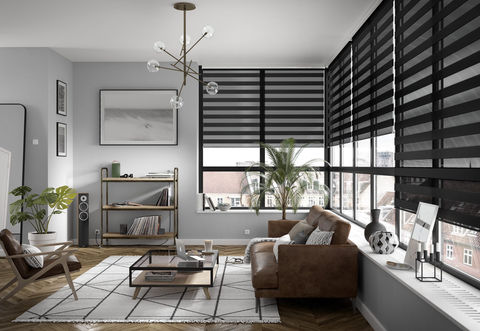 Persiana Sheer Elegance en color negro instalada en sala de estar