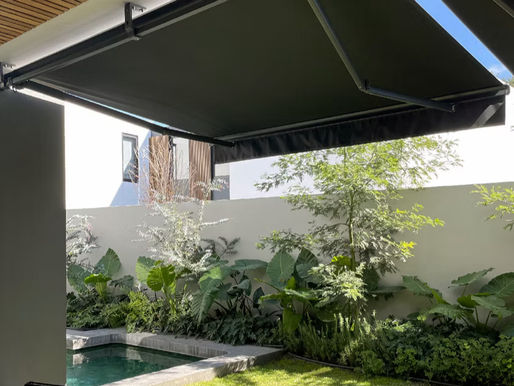 Toldo retráctil negro en terraza