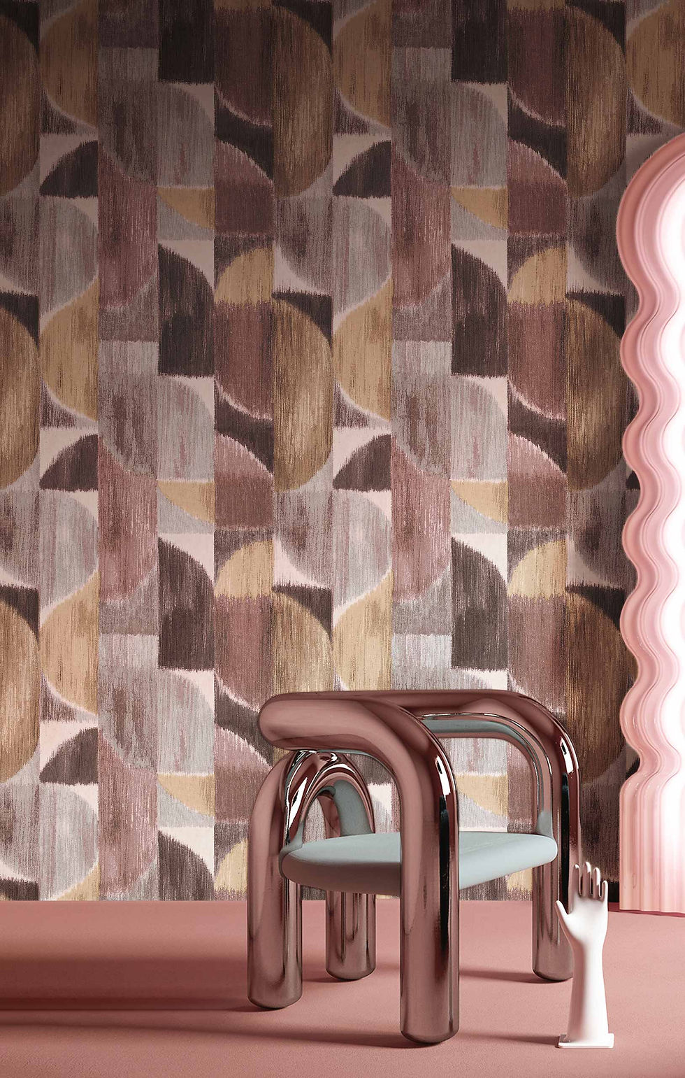 Papel Tapiz Sintesi 27528 instalado en un muro frente a una silla metálica rosa