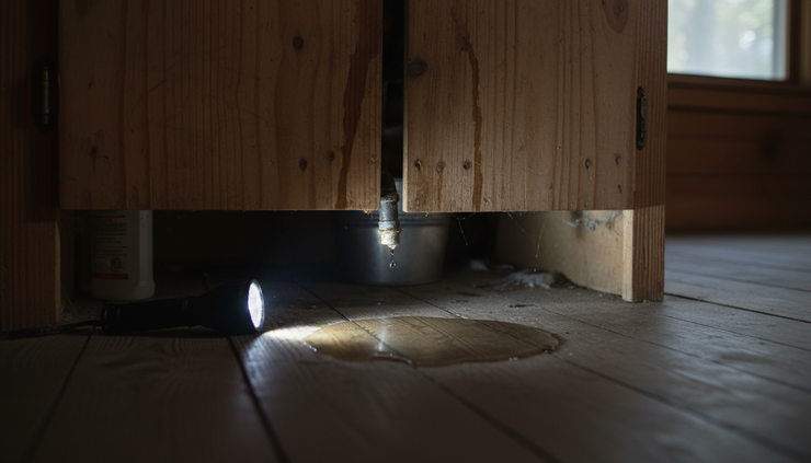 Close-up view of a water leak under a rental cabin sink