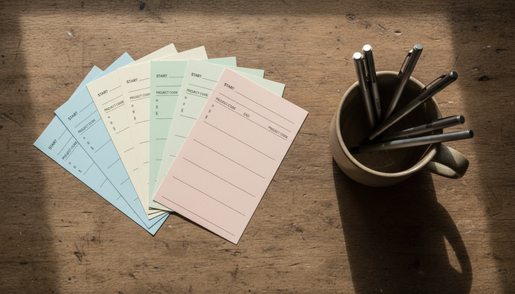 Overhead view of color-coded time cards arranged beside a ceramic mug.