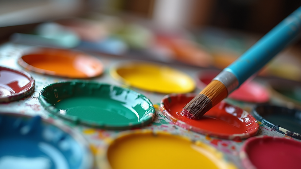 Eye-level view of a colorful palette with paint tubes and brushes