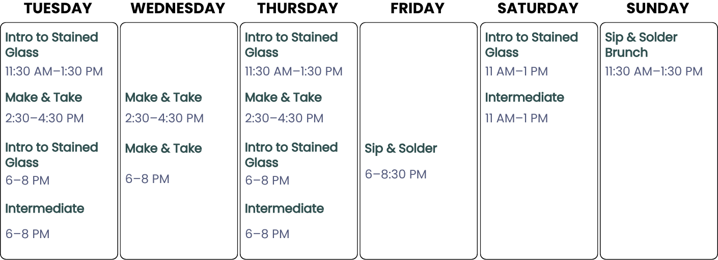 Stained glass class weekly schedule