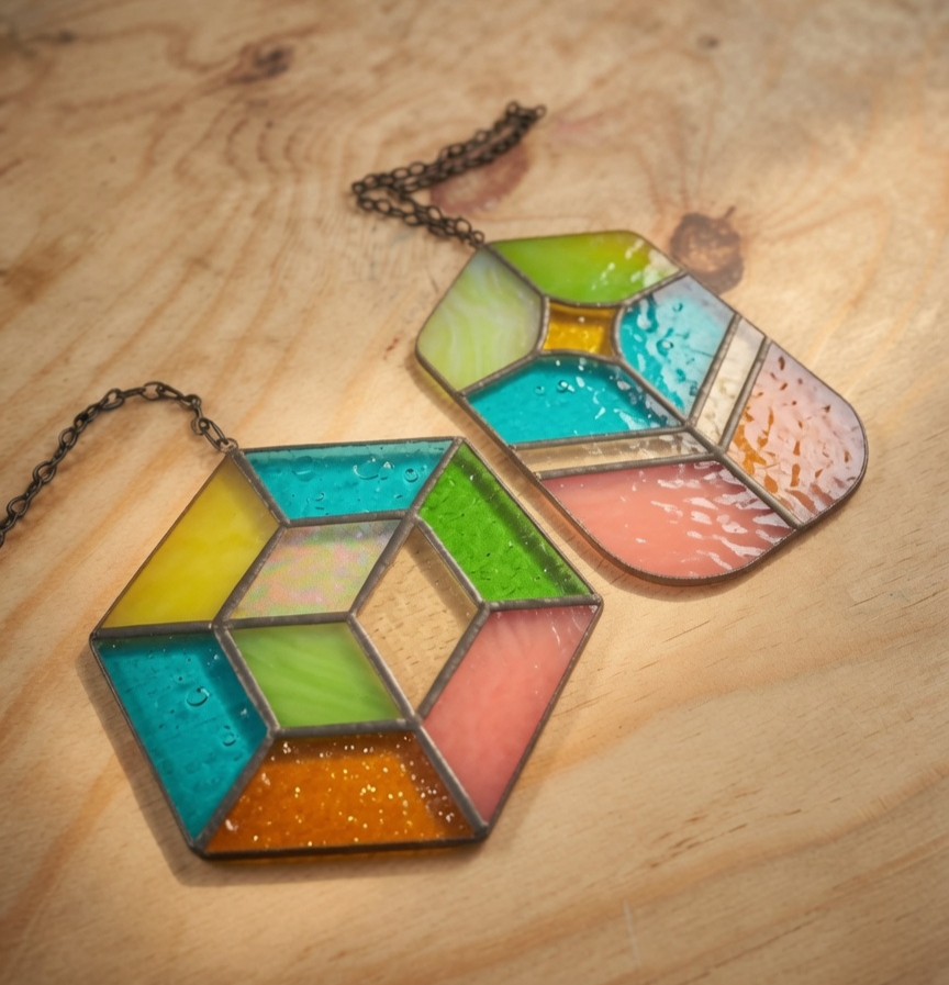 Beginner stained glass class final pieces cube and flower