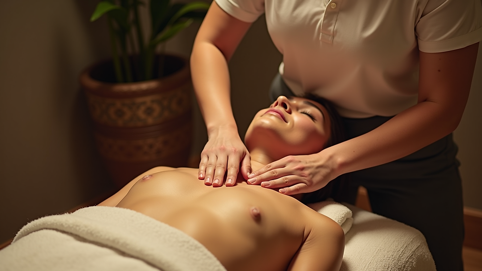 high angle view of a massage therapist performing Thai massage on a client
