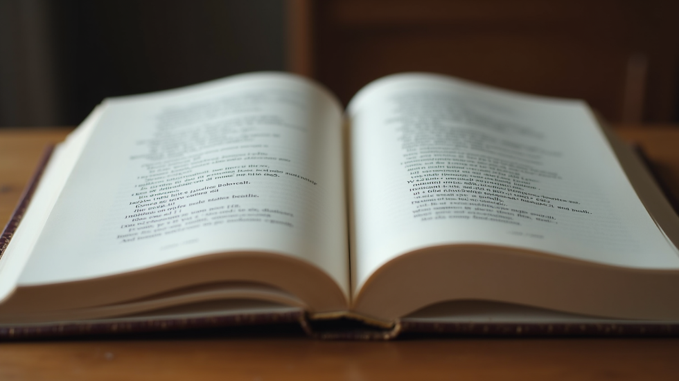 Eye-level view of an open book with poetry and short stories on the pages