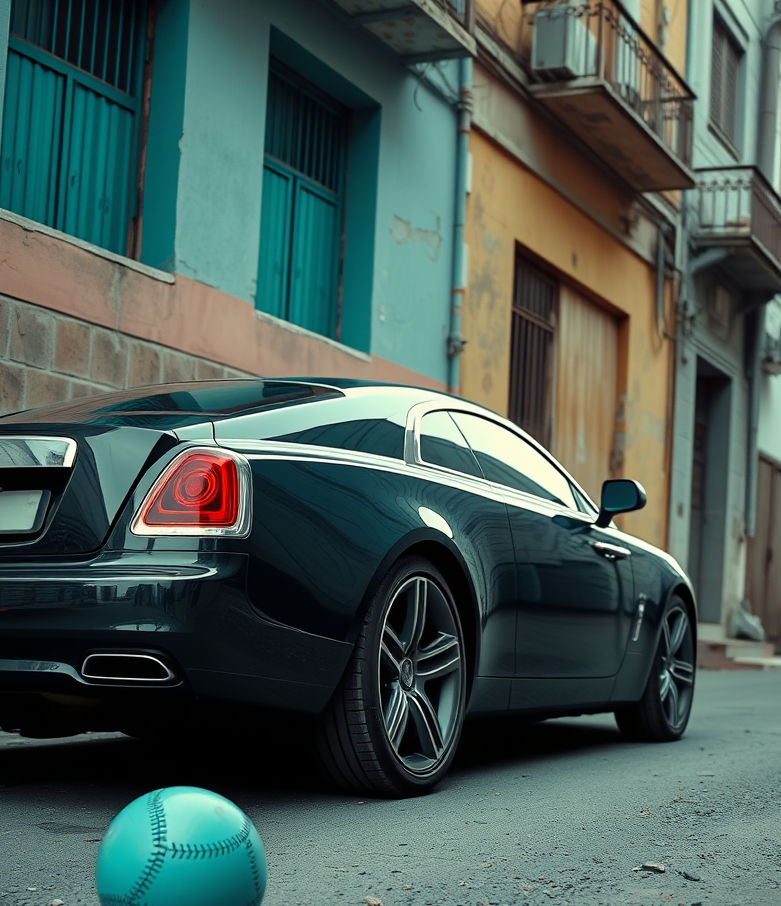 a teal toned image of an expensive luxury car on a poor, dilapidated street with a child's