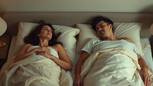 Casal deitado na cama sem contato, representando a falta de desejo sexual no relacionamento