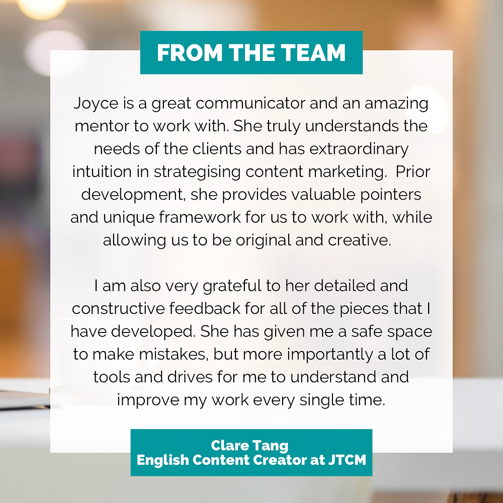 Joyce Tsang Content Marketing Team Testimonial