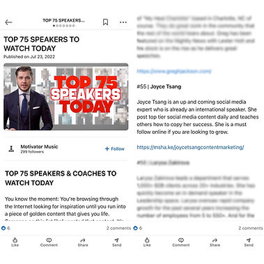 Joyce Tsang Content Marketer listed as top 75 speakers today, 2022