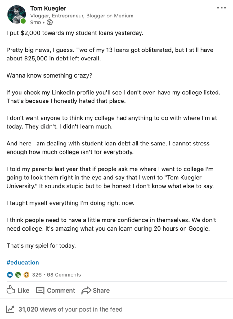 Tom Kuegler Linkedin Post
