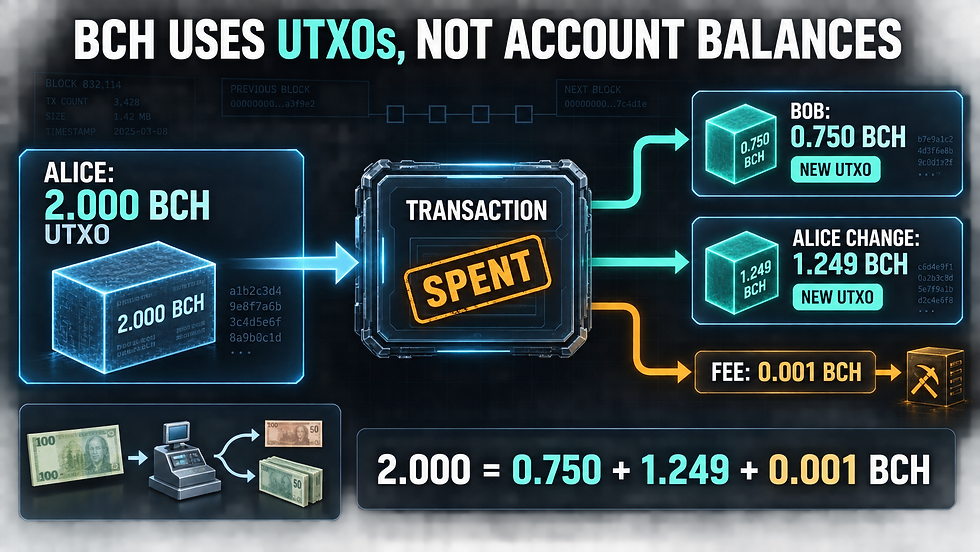 Bitcoin Cash UTXO example showing 2 BCH spent as 0.75 BCH to Bob, 1.249 BCH change and 0.001 BCH fee