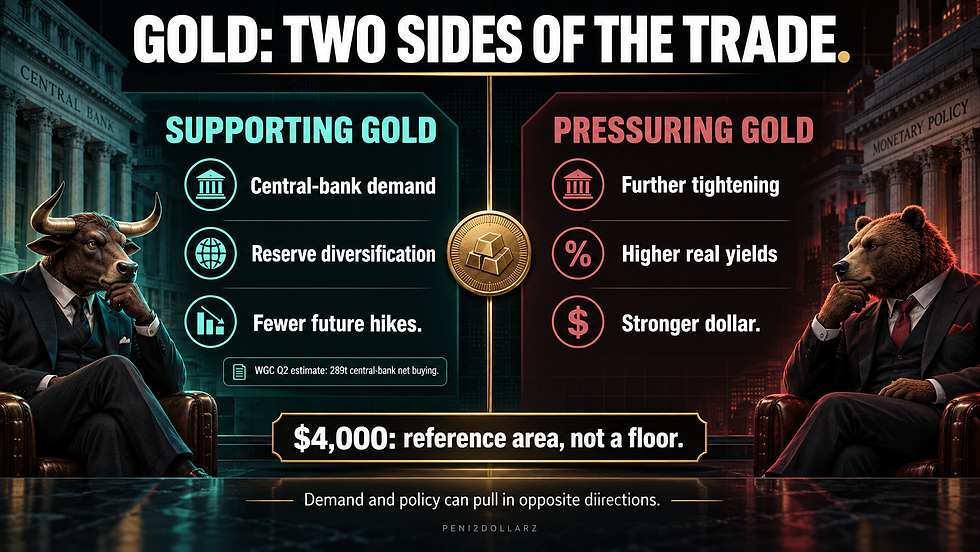 Gold’s supporting forces, including central-bank demand and diversification, compared with further tightening, higher real yields and a stronger dollar.