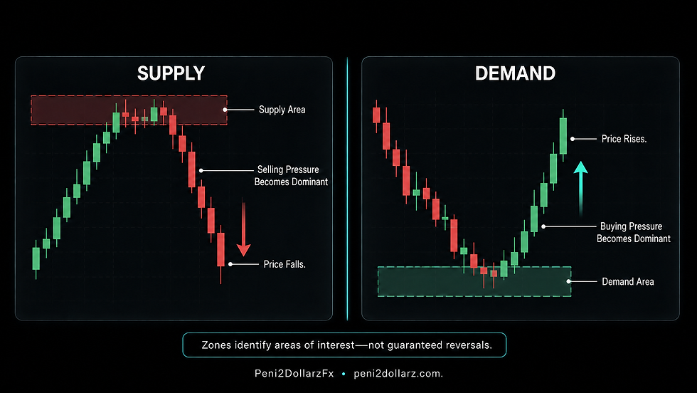 Supply area showing selling pressure and falling price beside a Demand area showing buying pressure and rising price