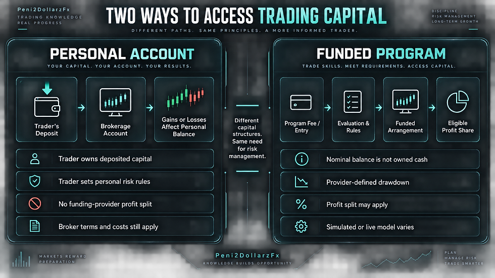 Side-by-side infographic comparing a personal trading account funded with the trader’s own deposit against a rule-based funded program with evaluation requirements, drawdown limits and profit sharing.