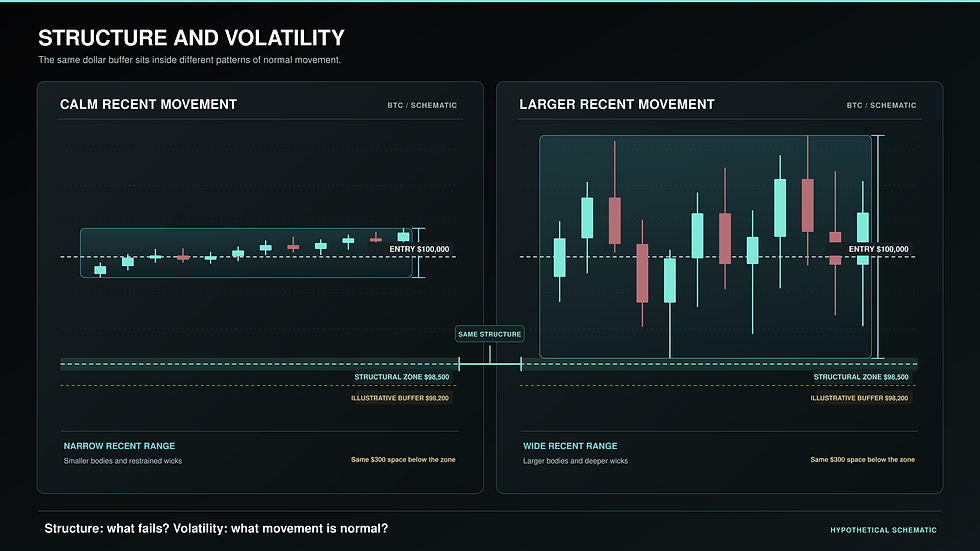 Calm and active market conditions compared at the same BTC entry and support level, showing differences in candle ranges and volatility.
