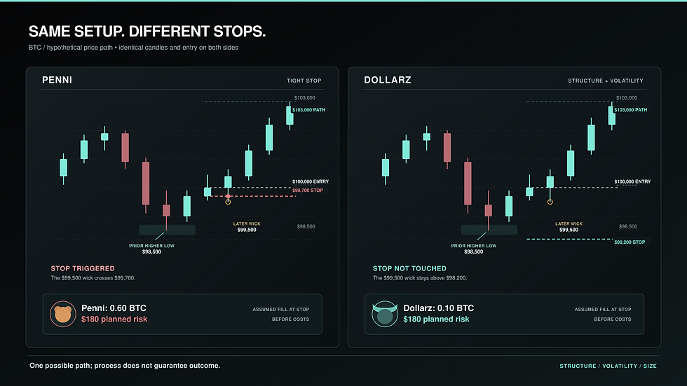Penni’s 0.60 BTC position and Dollarz’s 0.10 BTC position each plan $180 risk, using different stops on the same hypothetical price path.