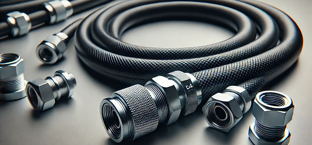 DALL·E 2025-01-02 09.46.41 - A black rubber hydraulic hose with a 24-degree sealing cone f