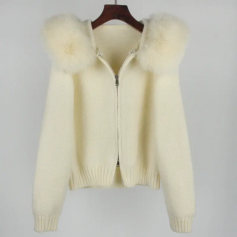 Thumbnail: Women's Real Fox Fur Hooded Knit Jacket