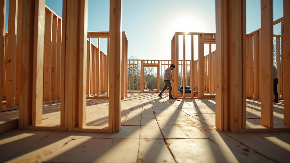 Eye-level view of a construction site showing framing work in progress