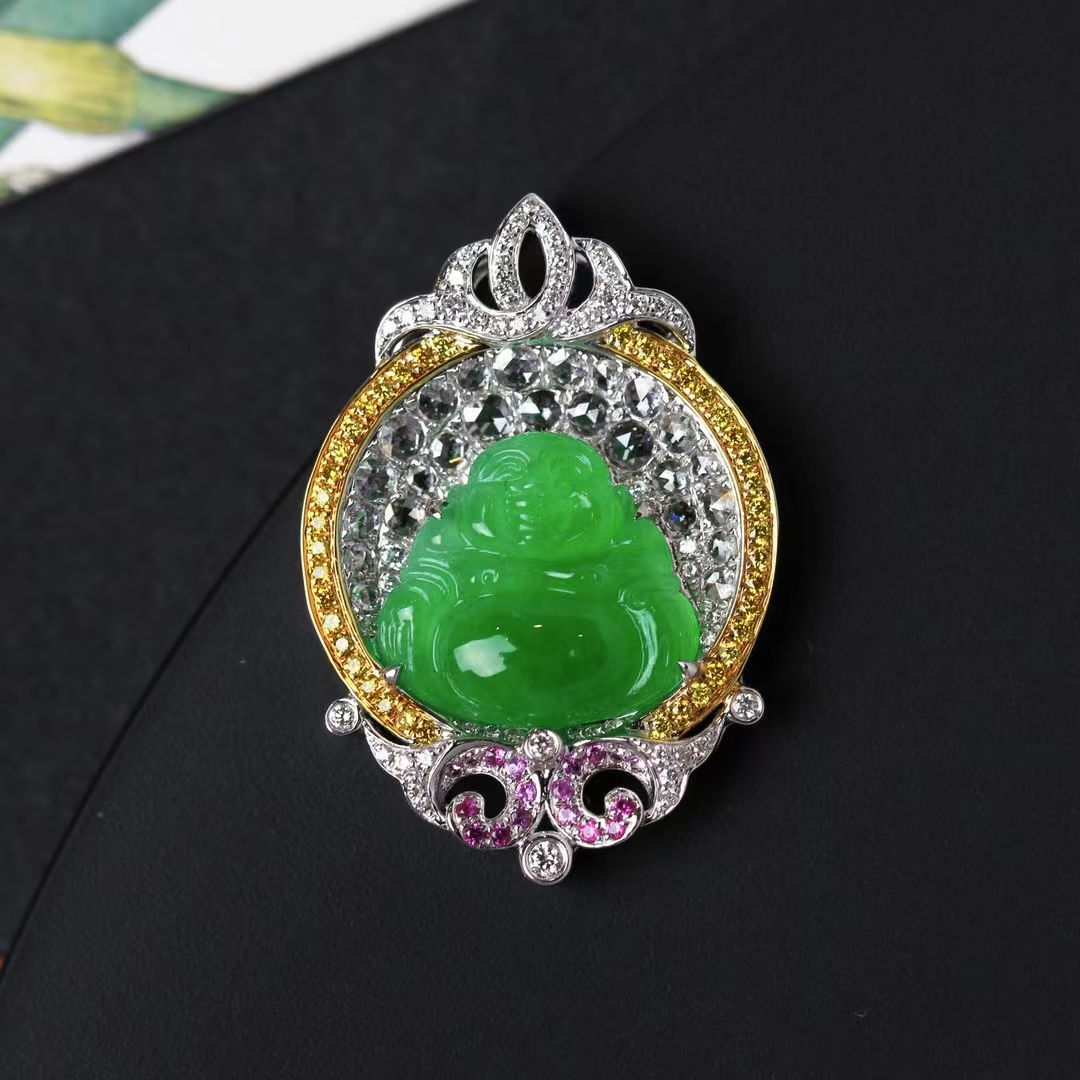 Mặt dây chuyền Phật Di Lặc ngọc Jadeite A vàng 18K