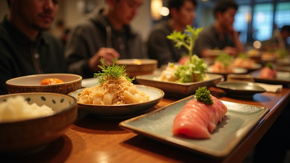 Eye-level view of a beautifully arranged izakaya table with various Japanese dishes