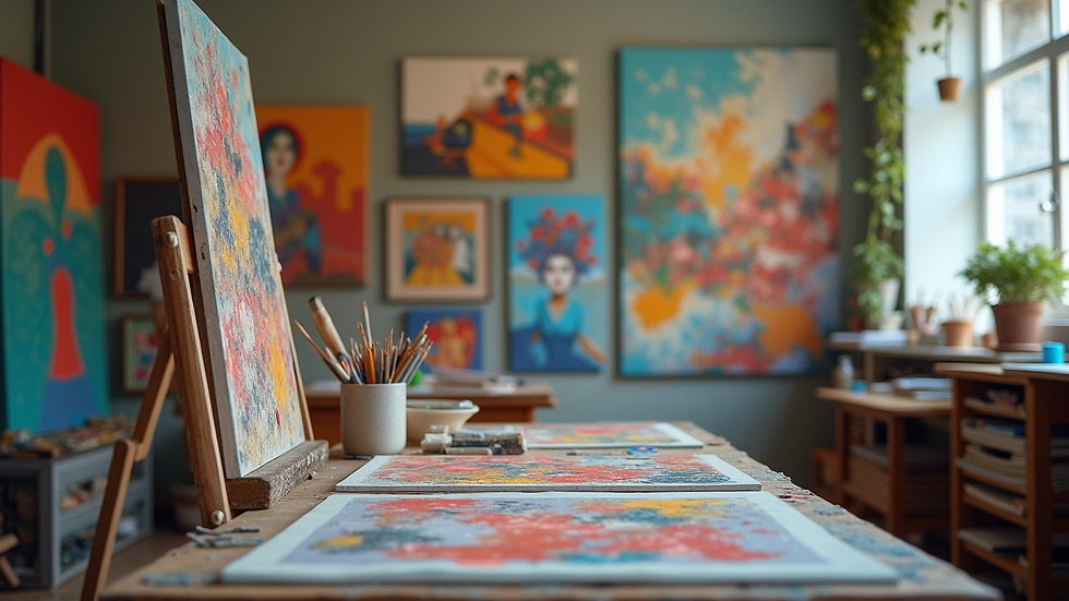 Eye-level view of an artist's studio filled with colorful paintings